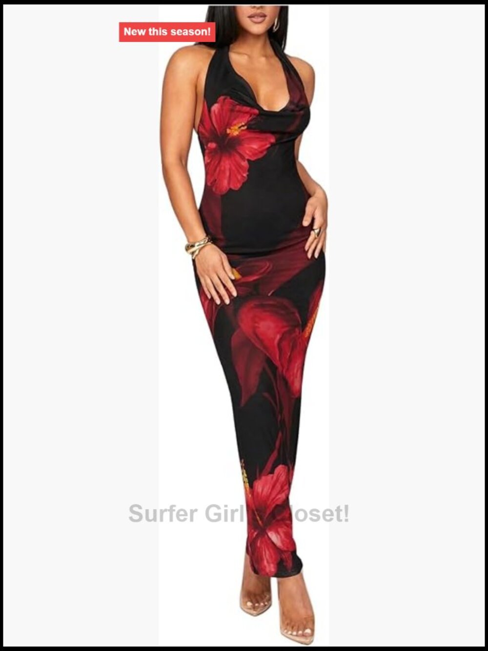 Women's Floral Draped Cowl Neck Halter Bodycon Maxi Dress
